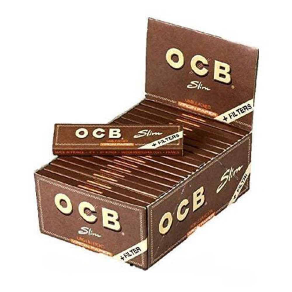 1 Box – OCB Virgin Slim Unbleached Rolling Paper King Size + Filter Tips