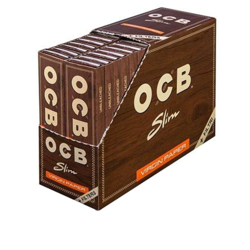 1 Box – OCB Virgin Slim Unbleached Rolling Paper King Size + Filter Tips